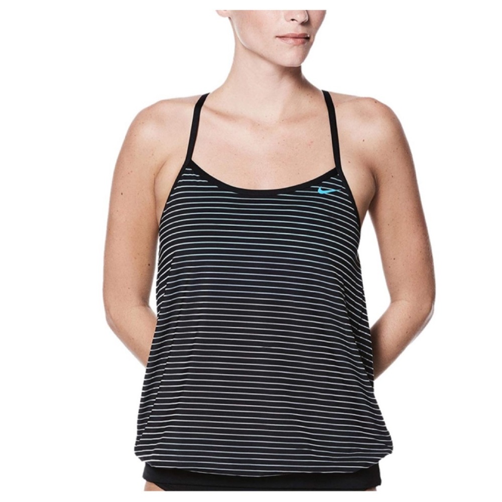 Nike Layered Tankini Top with Striped Overlay atop a Solid Teal Bikini Top - Picture 5 of 12
